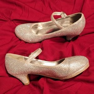 Silver Iridescent Rhinestone Short 2 inch Heels with Ankle Strap/Buckle